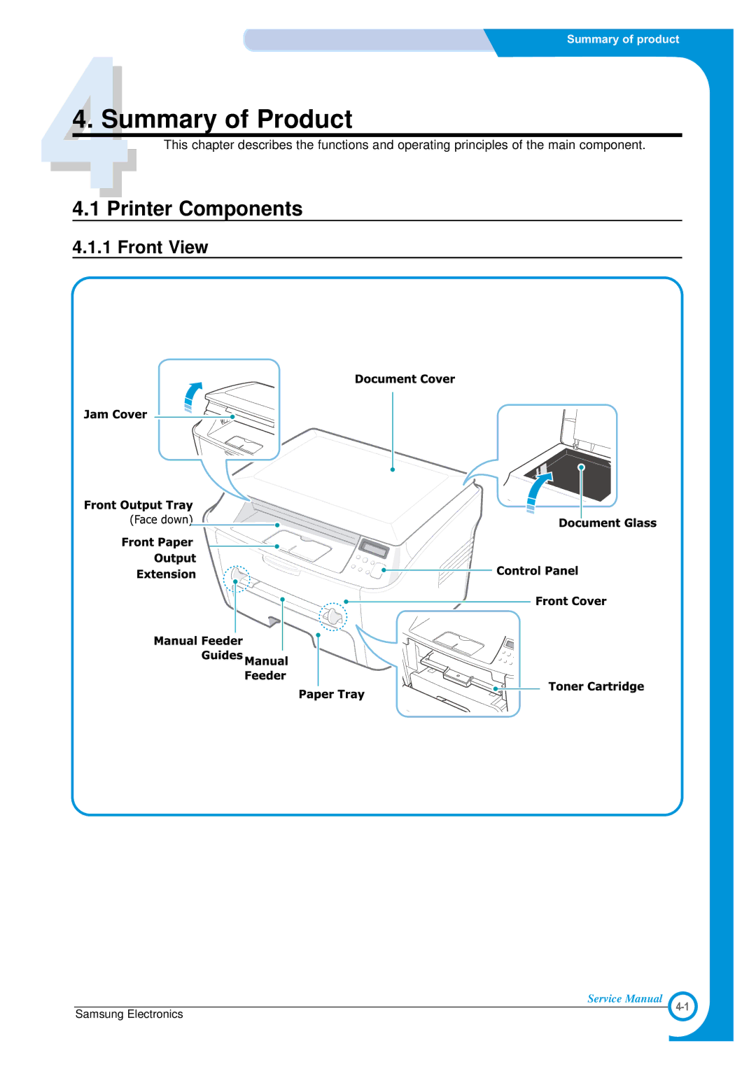 Samsung SCX-4100 specifications Printer Components, Front View 