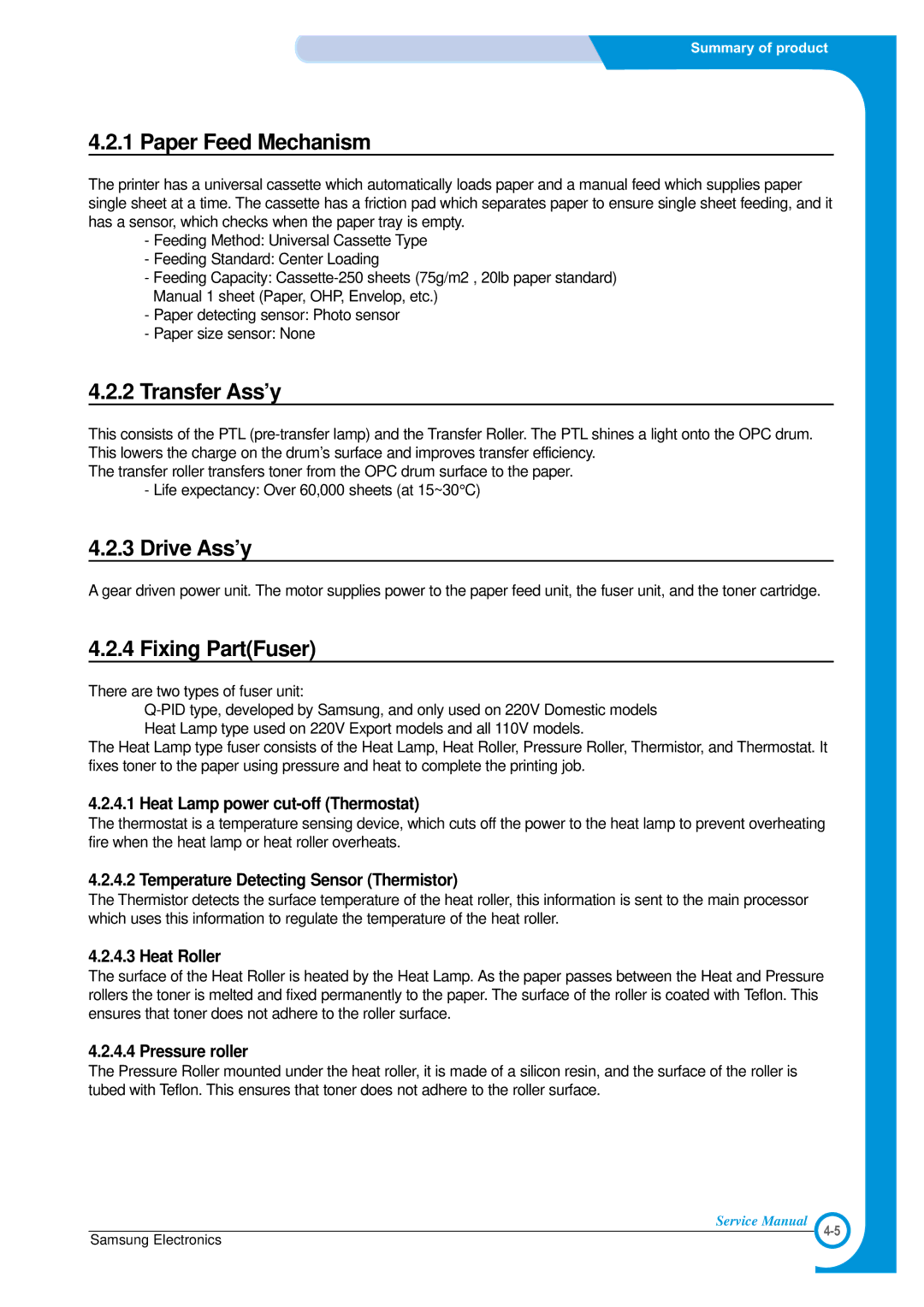 Samsung SCX-4100 specifications Paper Feed Mechanism, Transfer Ass’y, Drive Ass’y, Fixing PartFuser 