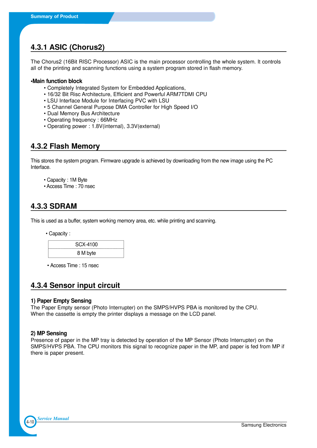 Samsung SCX-4100 specifications Asic Chorus2, Flash Memory, Sdram, Sensor input circuit 