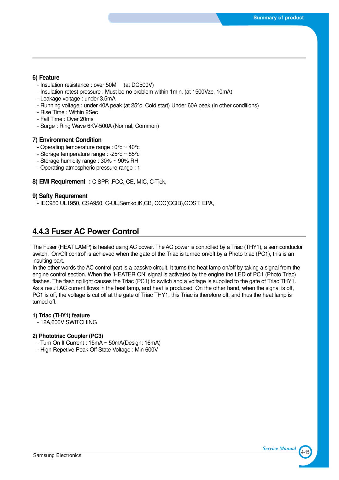 Samsung SCX-4100 specifications Fuser AC Power Control, Feature, Environment Condition, Safty Requrement 