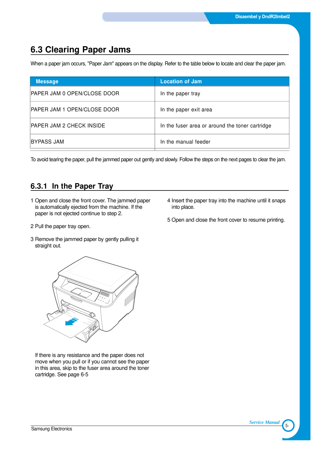 Samsung SCX-4100 specifications Clearing Paper Jams, Paper Tray 