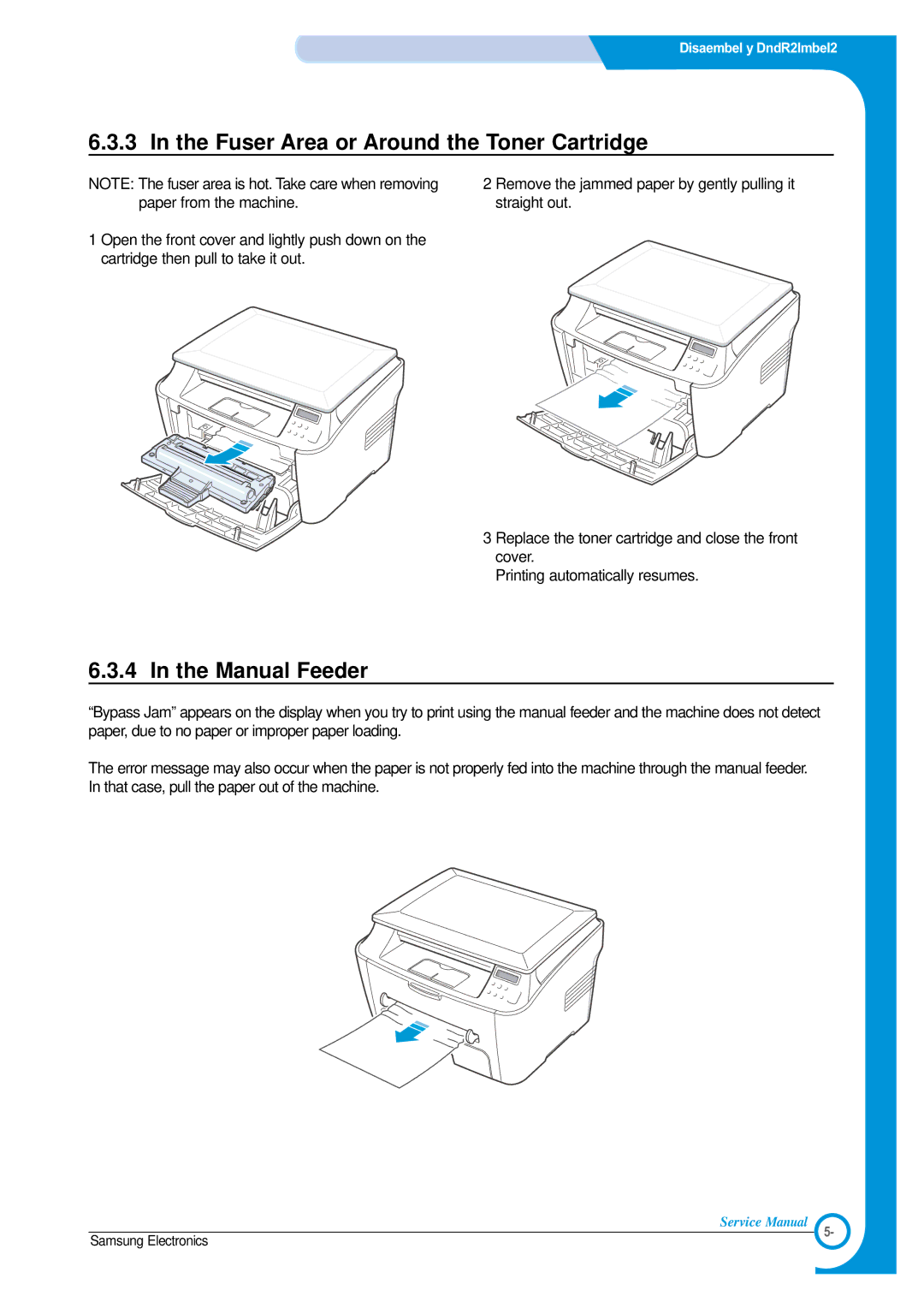 Samsung SCX-4100 specifications Fuser Area or Around the Toner Cartridge, Manual Feeder 