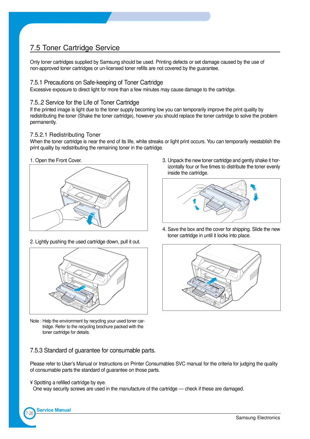 Samsung SCX-4100 Toner Cartridge Service, Precautions on Safe-keeping of Toner Cartridge, Redistributing Toner 