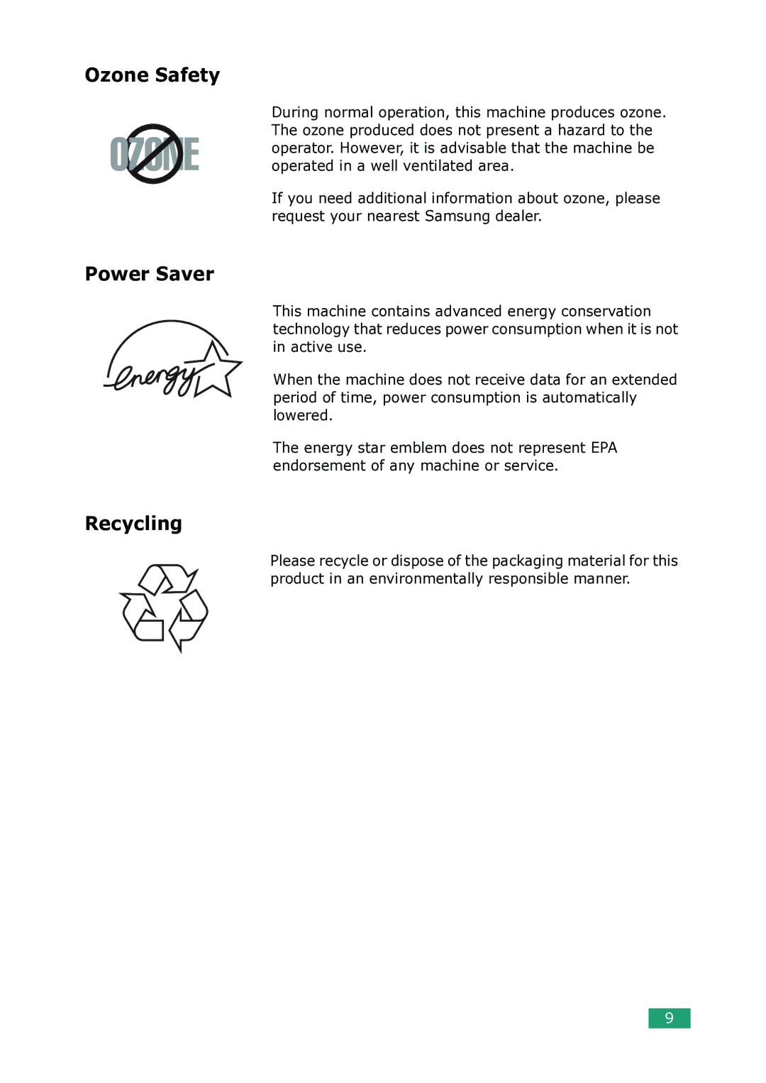 Samsung SCX-4100 manual Ozone Safety, Power Saver, Recycling 