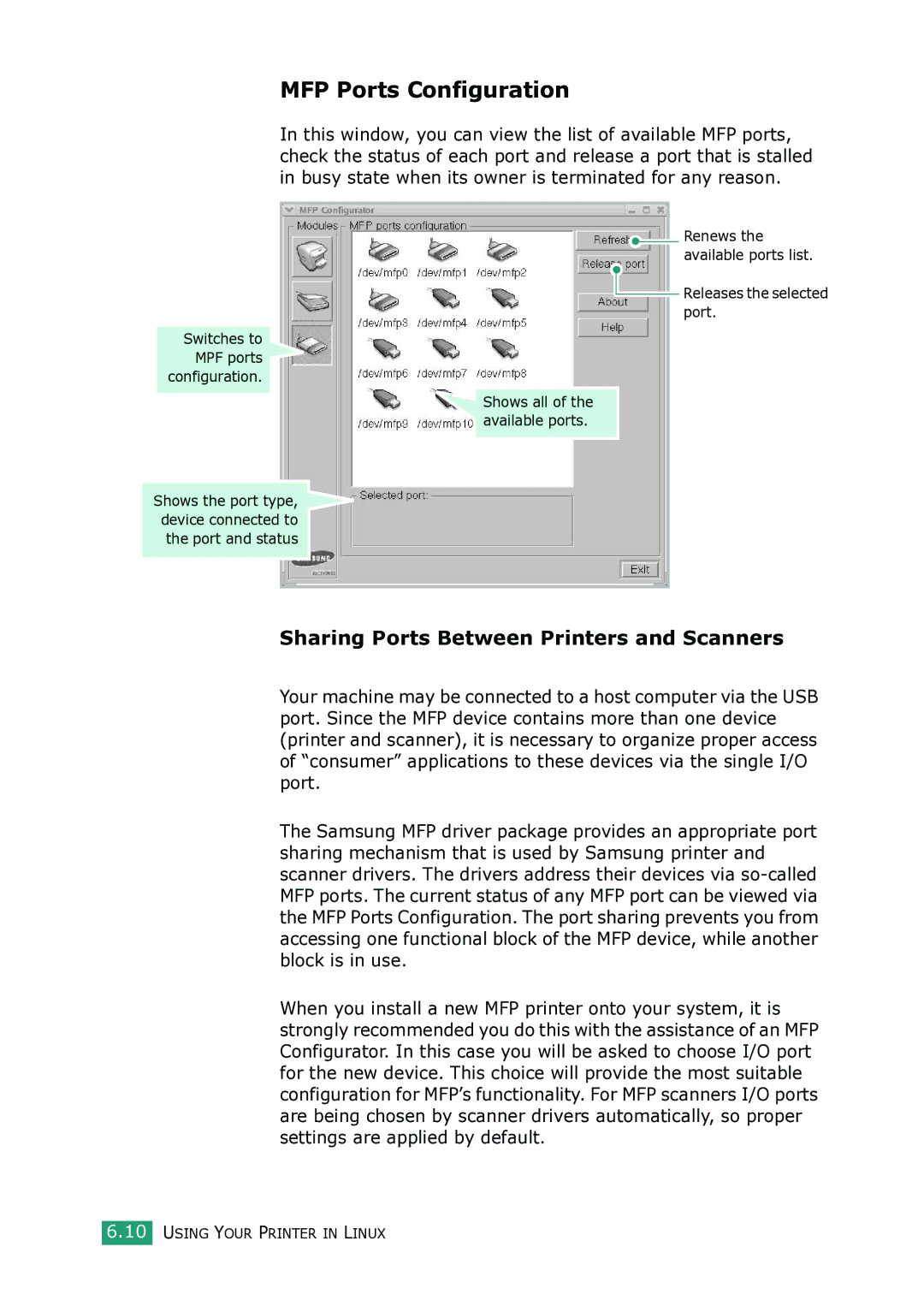 Samsung SCX-4100 manual MFP Ports Configuration, Sharing Ports Between Printers and Scanners 