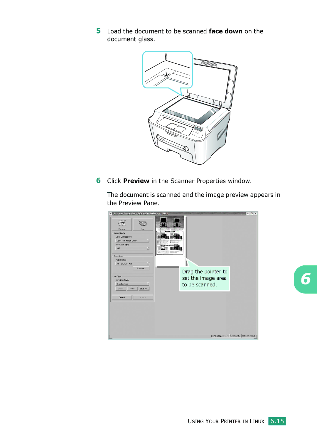 Samsung SCX-4100 manual Drag the pointer to set the image area to be scanned 