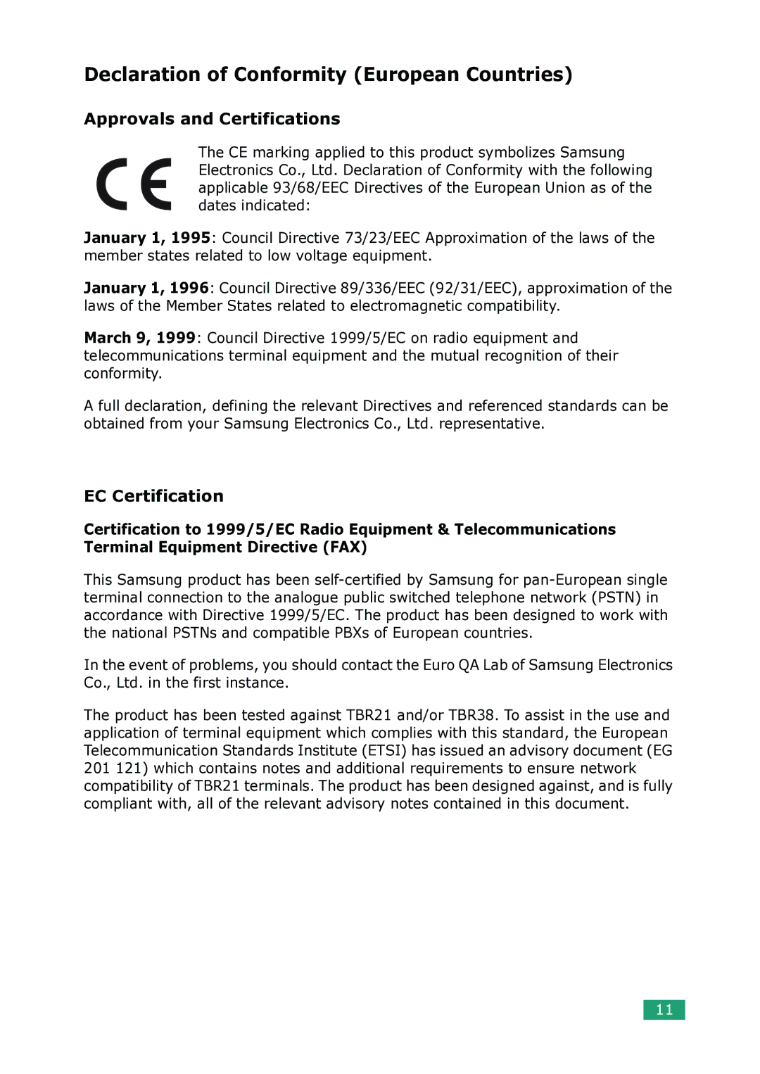 Samsung SCX-4100 manual Declaration of Conformity European Countries, Approvals and Certifications, EC Certification 