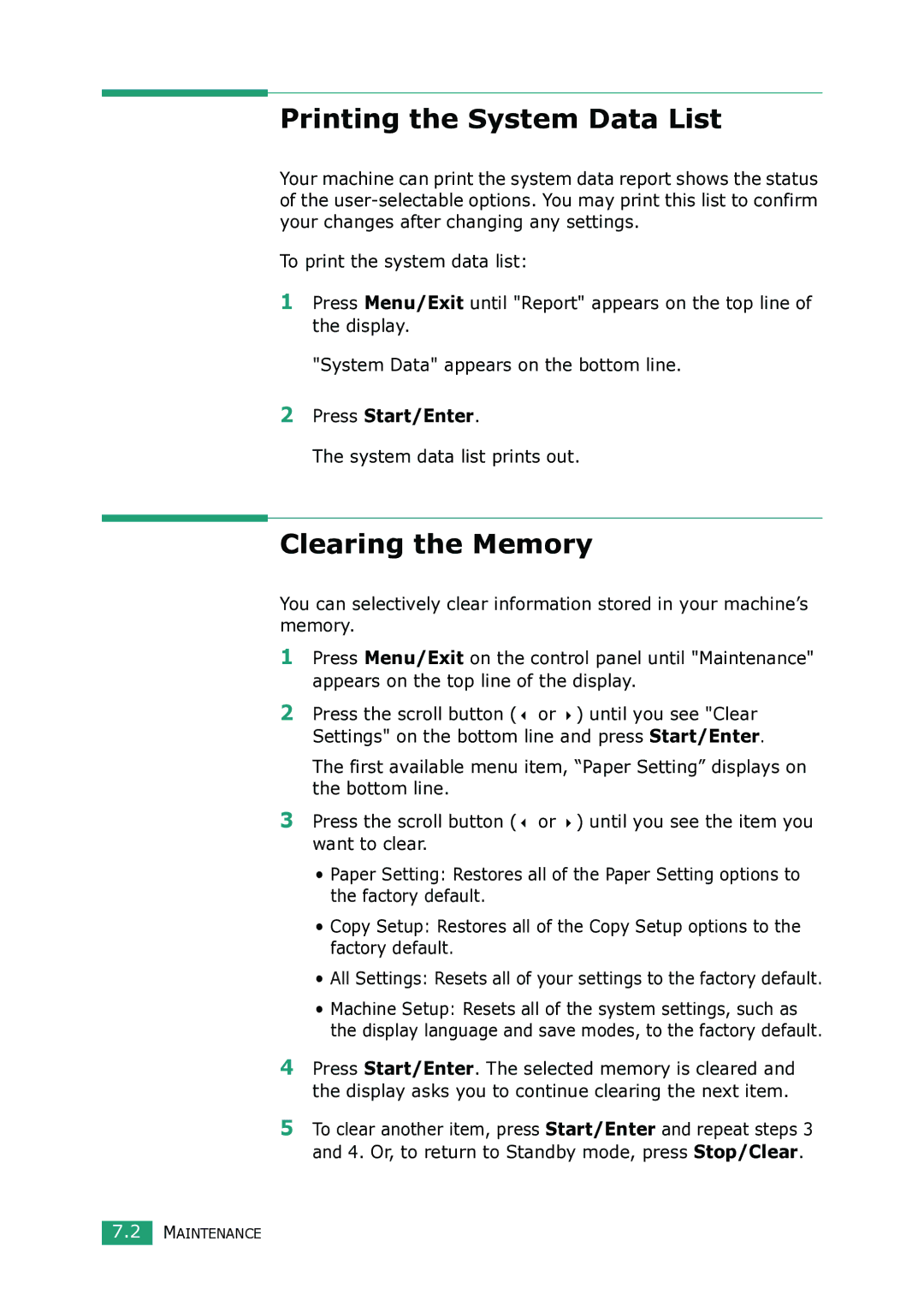 Samsung SCX-4100 manual Printing the System Data List, Clearing the Memory, Press Start/Enter, System data list prints out 