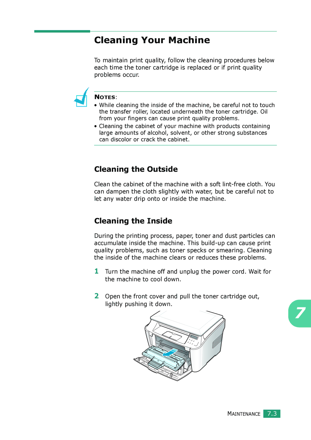 Samsung SCX-4100 manual Cleaning Your Machine, Cleaning the Outside, Cleaning the Inside 