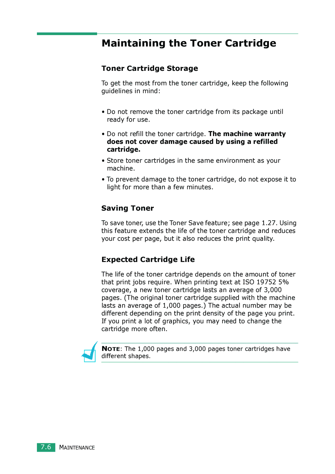 Samsung SCX-4100 manual Maintaining the Toner Cartridge, Toner Cartridge Storage, Saving Toner, Expected Cartridge Life 