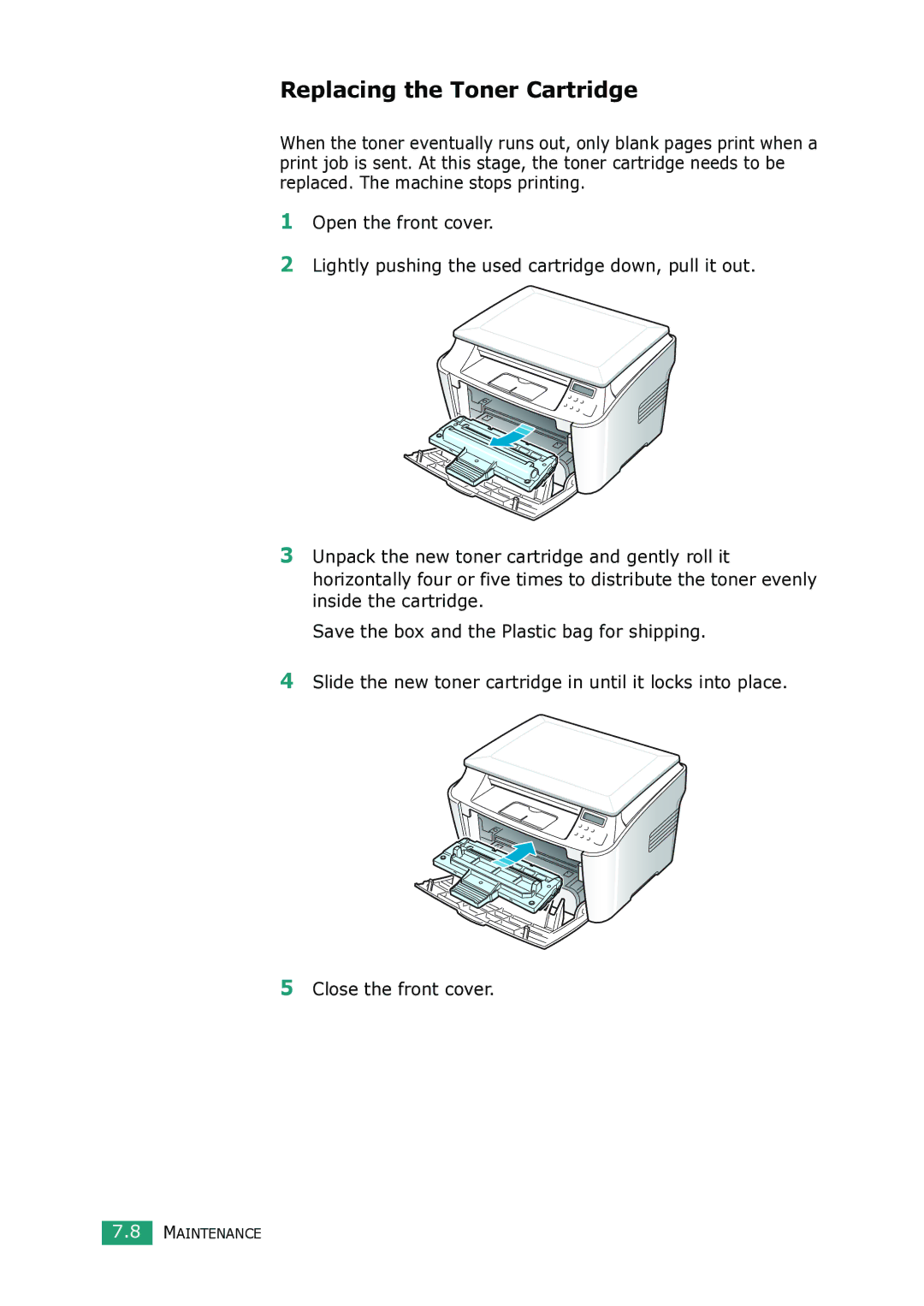 Samsung SCX-4100 manual Replacing the Toner Cartridge 