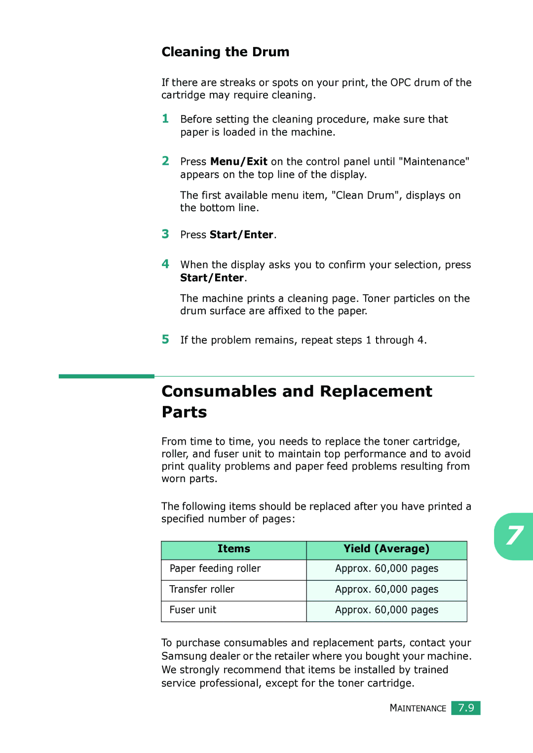 Samsung SCX-4100 manual Consumables and Replacement Parts, Cleaning the Drum, Items 