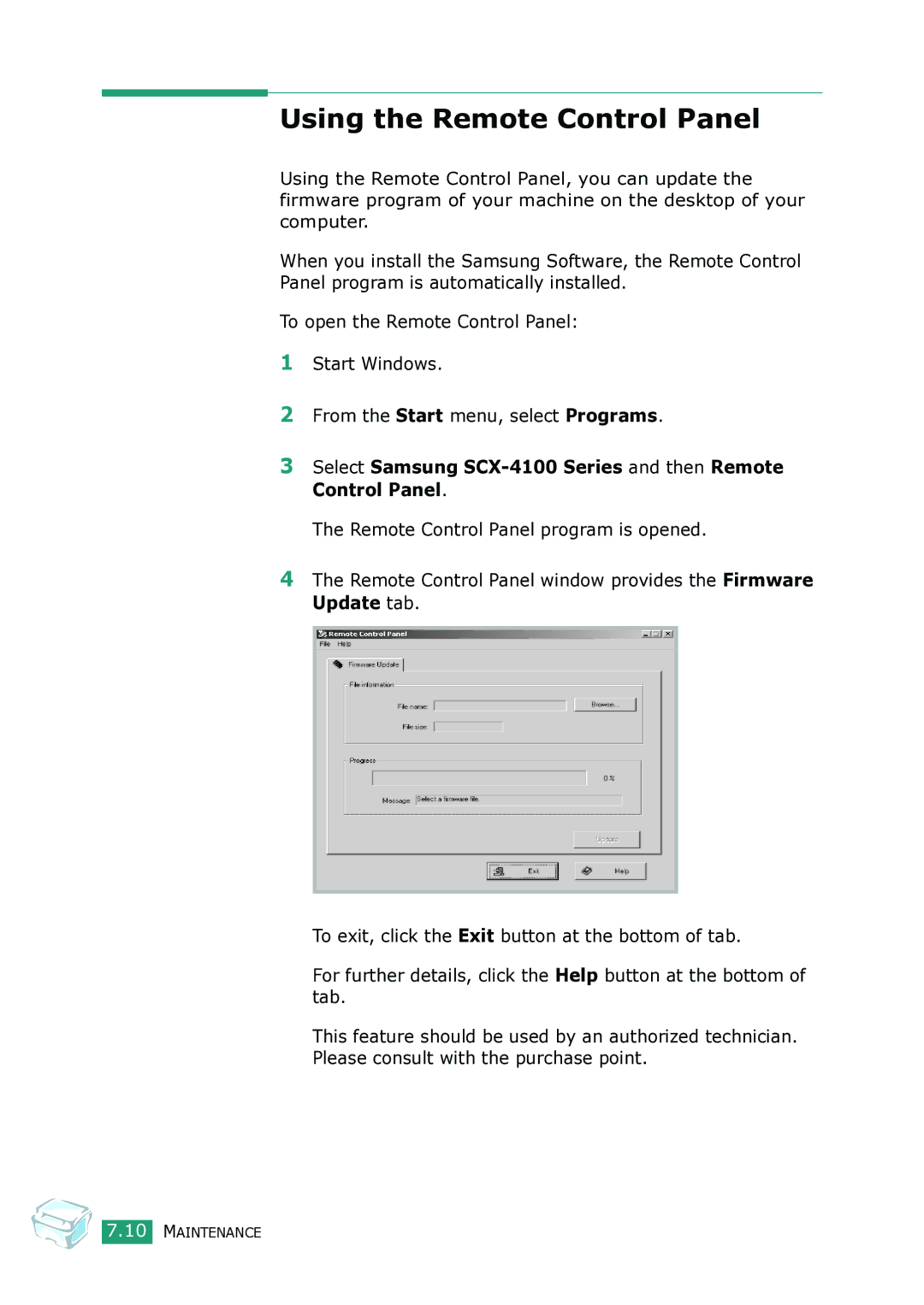 Samsung manual Using the Remote Control Panel, Select Samsung SCX-4100 Series and then Remote Control Panel 