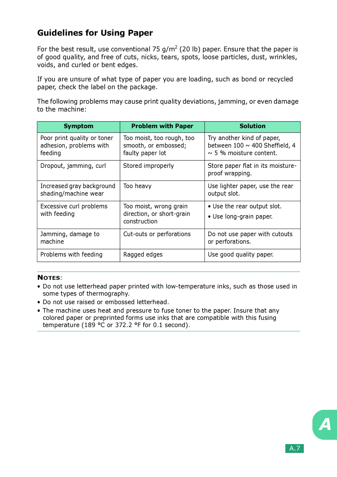 Samsung SCX-4100 manual Guidelines for Using Paper, Try another kind of paper, Adhesion, problems with Smooth, or embossed 