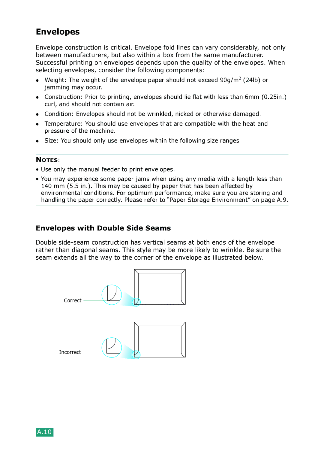 Samsung SCX-4100 manual Envelopes with Double Side Seams 