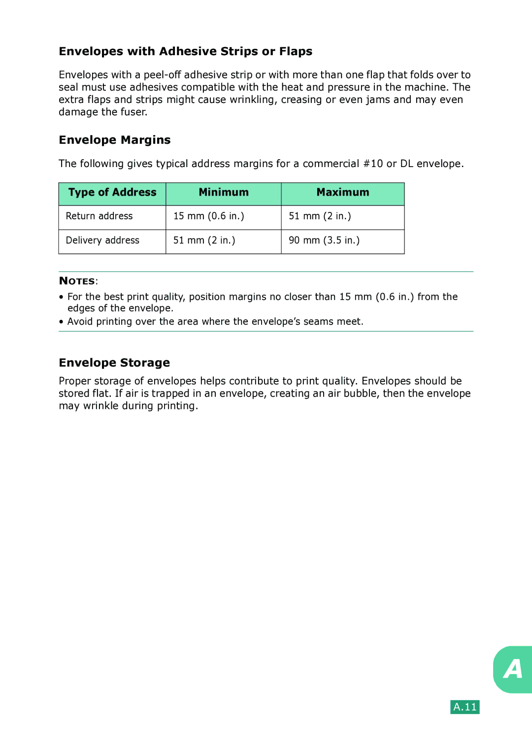 Samsung SCX-4100 manual Envelopes with Adhesive Strips or Flaps, Envelope Margins, Envelope Storage 