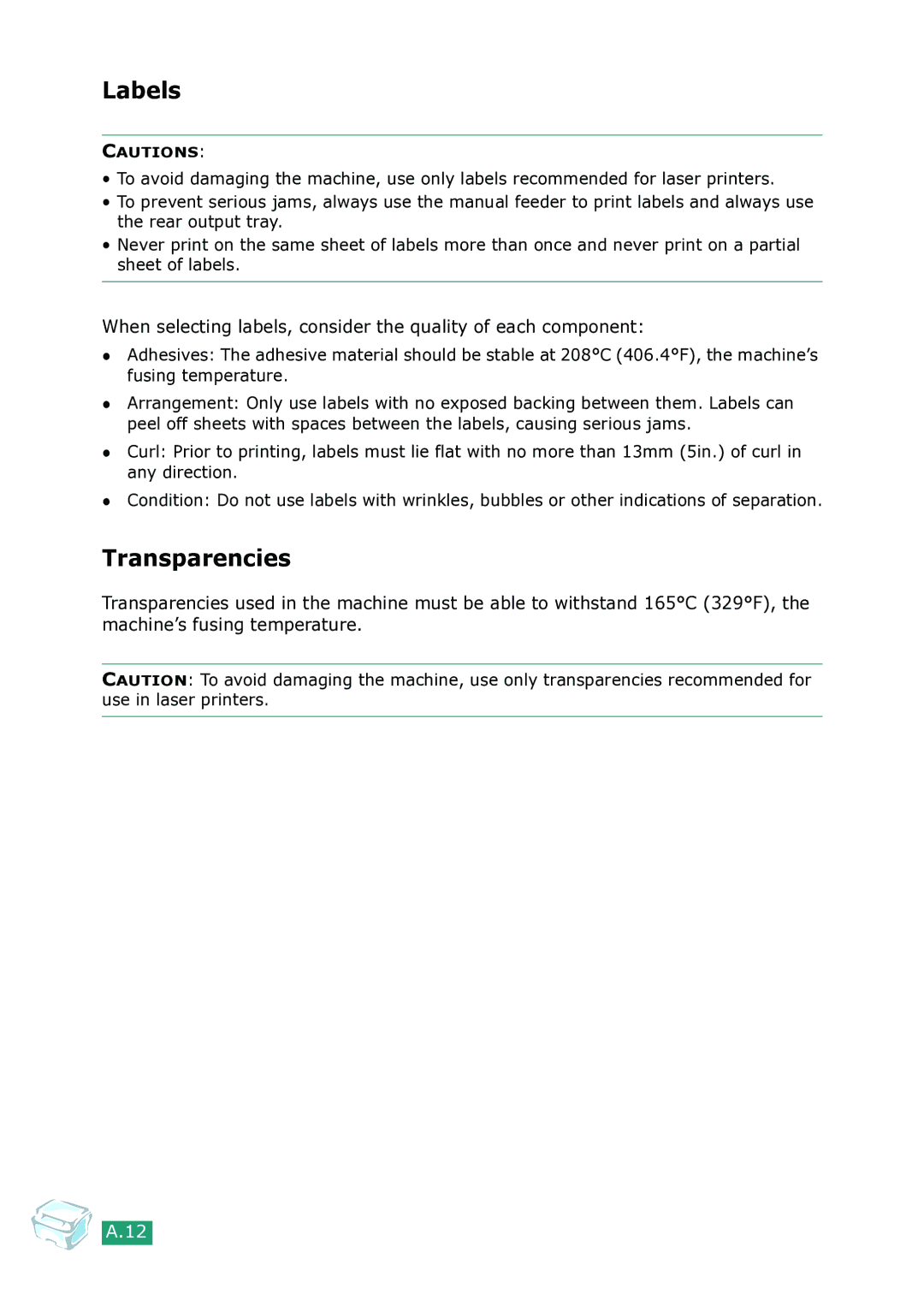 Samsung SCX-4100 manual Labels, Transparencies 