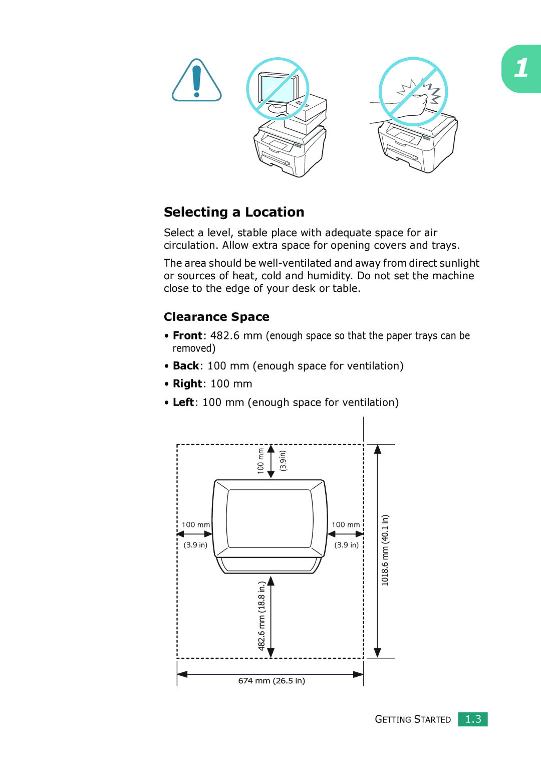 Samsung SCX-4100 manual Selecting a Location, Clearance Space 