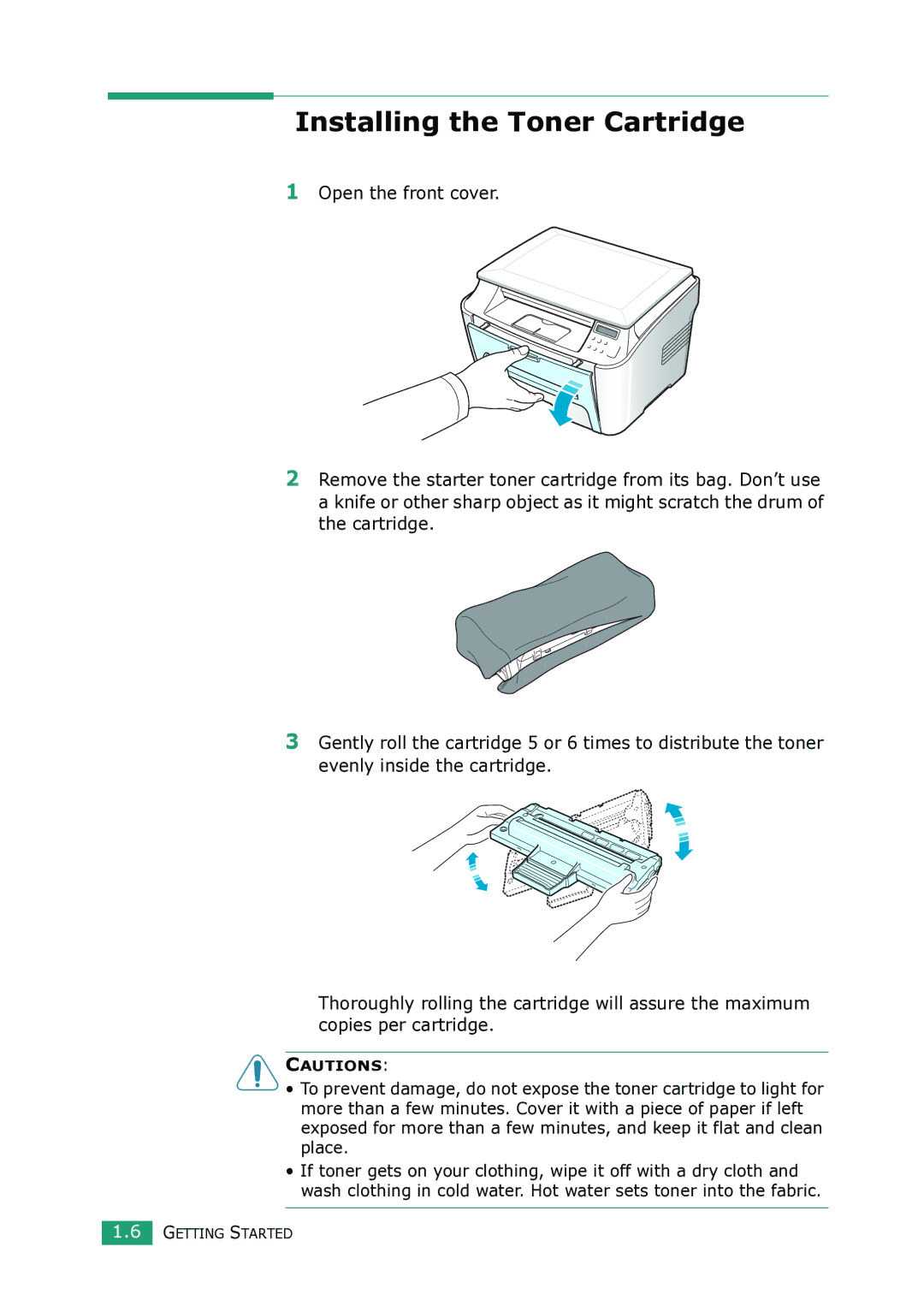 Samsung SCX-4100 manual Installing the Toner Cartridge 