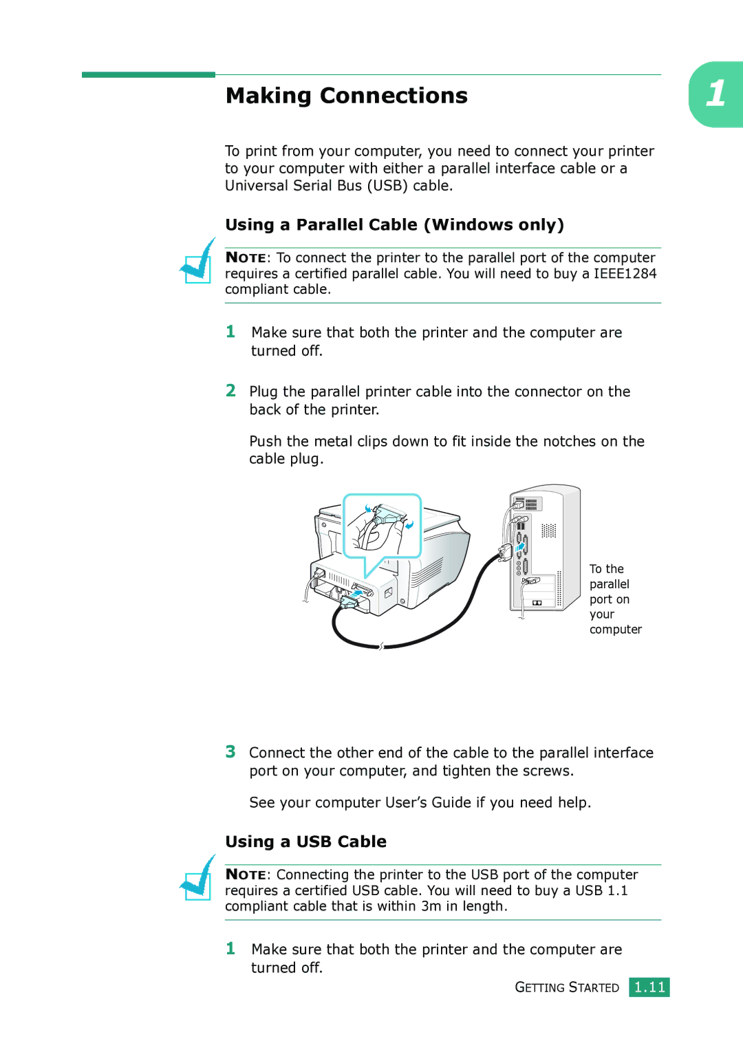 Samsung SCX-4100 manual Making Connections, Using a Parallel Cable Windows only, Using a USB Cable 