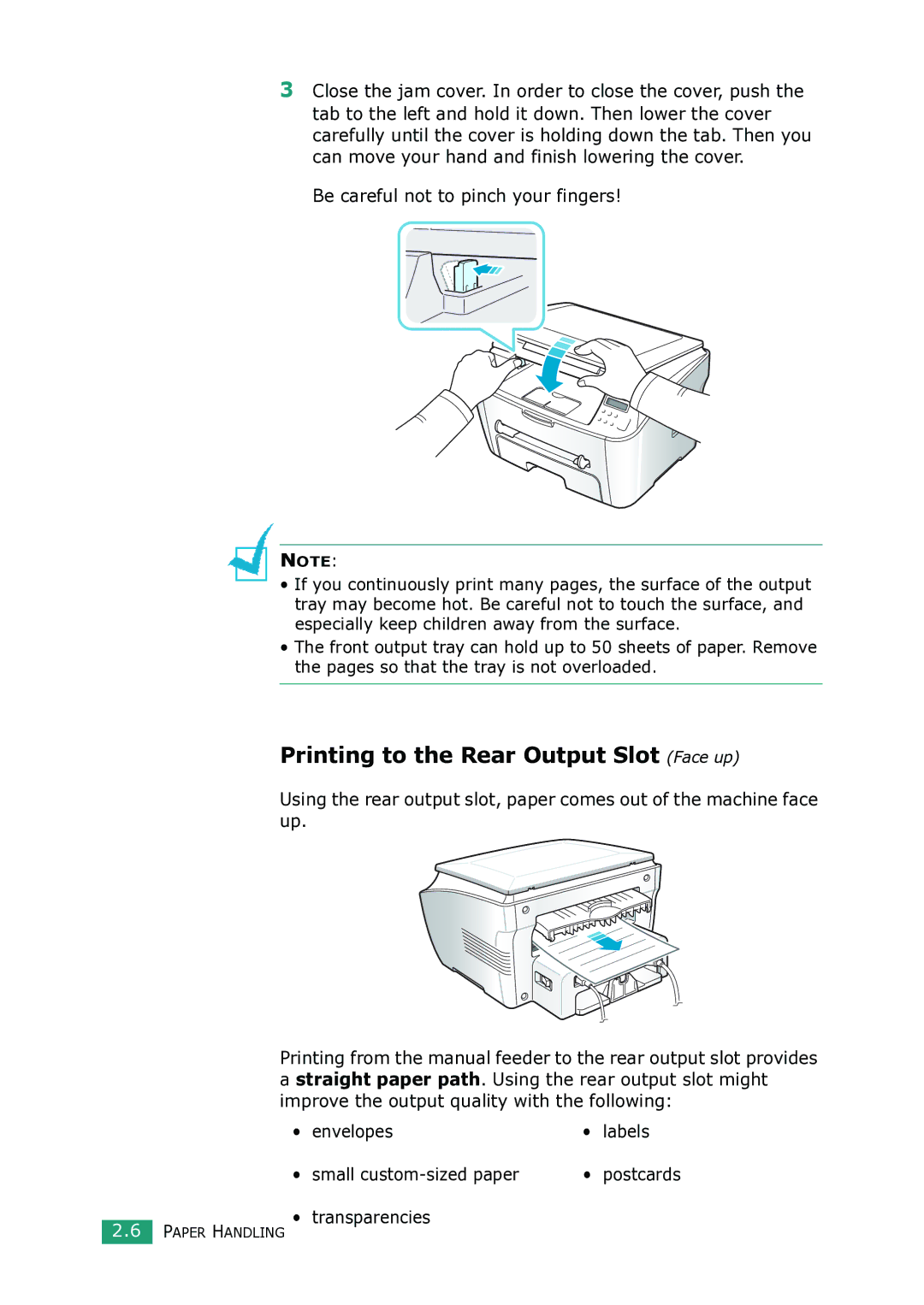 Samsung SCX-4100 manual Printing to the Rear Output Slot Face up, Be careful not to pinch your fingers, Transparencies 