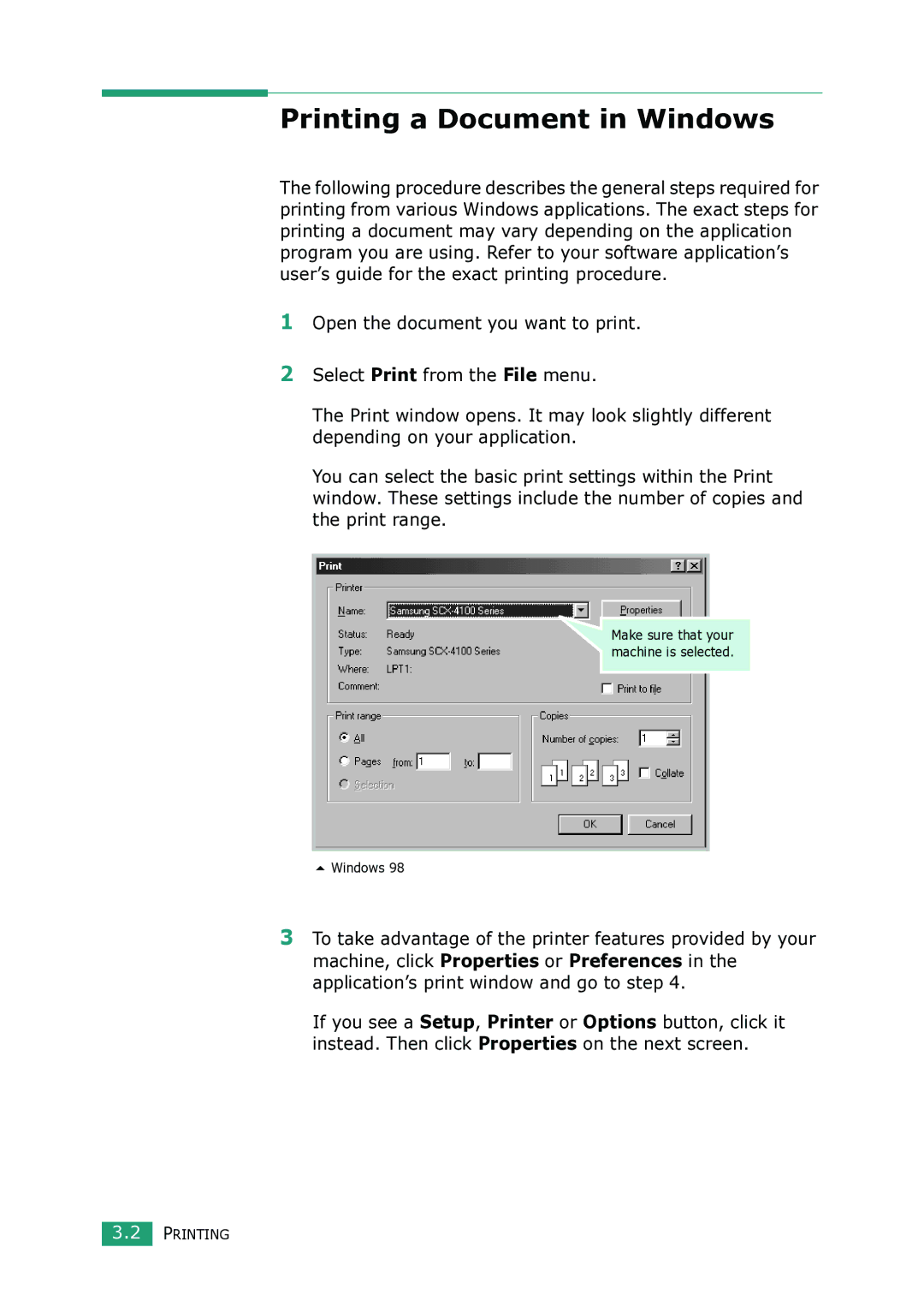 Samsung SCX-4100 manual Printing a Document in Windows 