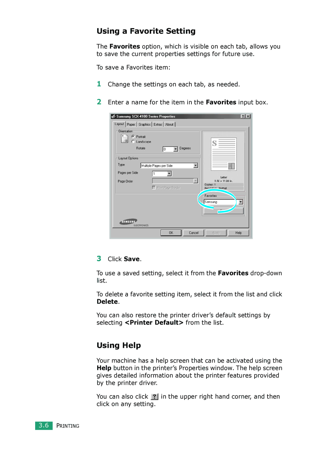 Samsung SCX-4100 manual Using a Favorite Setting, Using Help 