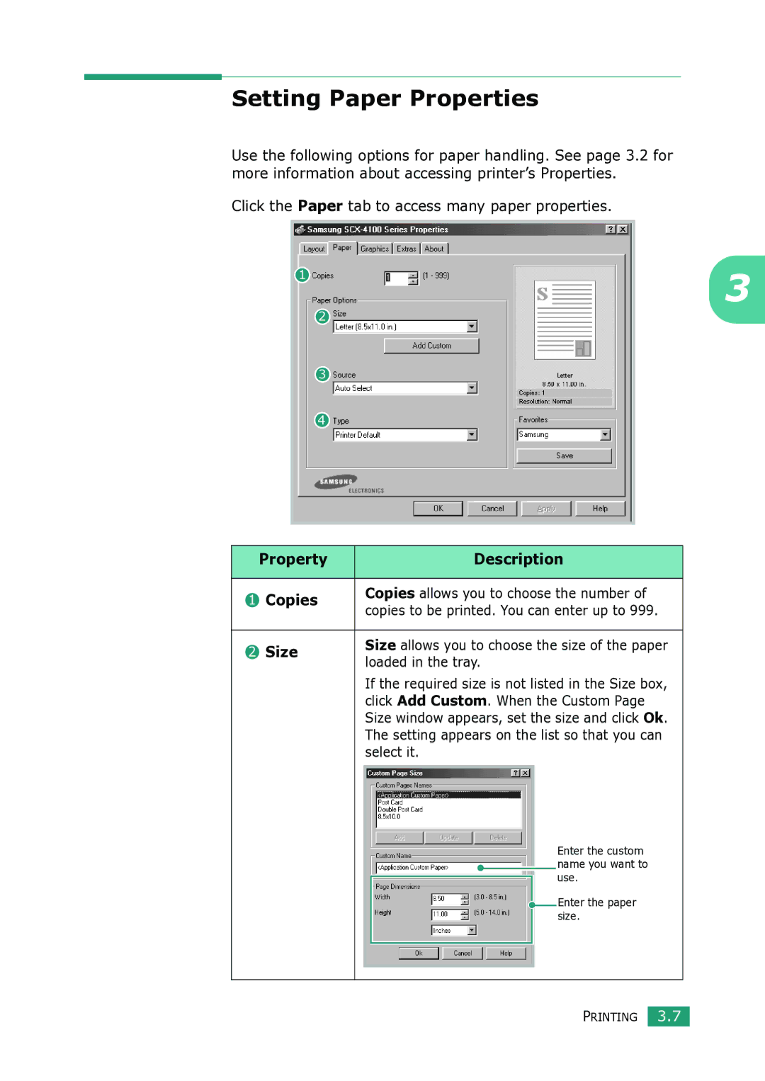 Samsung SCX-4100 manual Setting Paper Properties, Property Description Copies, Size, Loaded in the tray 