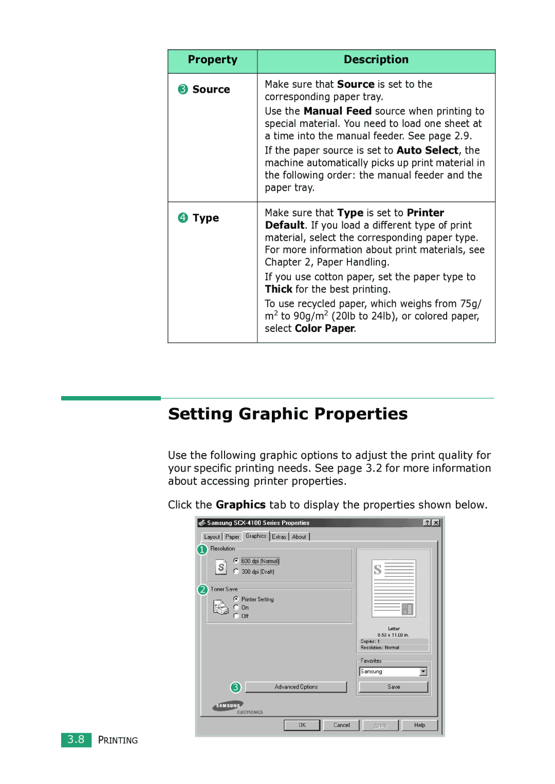 Samsung SCX-4100 manual Setting Graphic Properties, Property Description Source, Type, Select Color Paper 