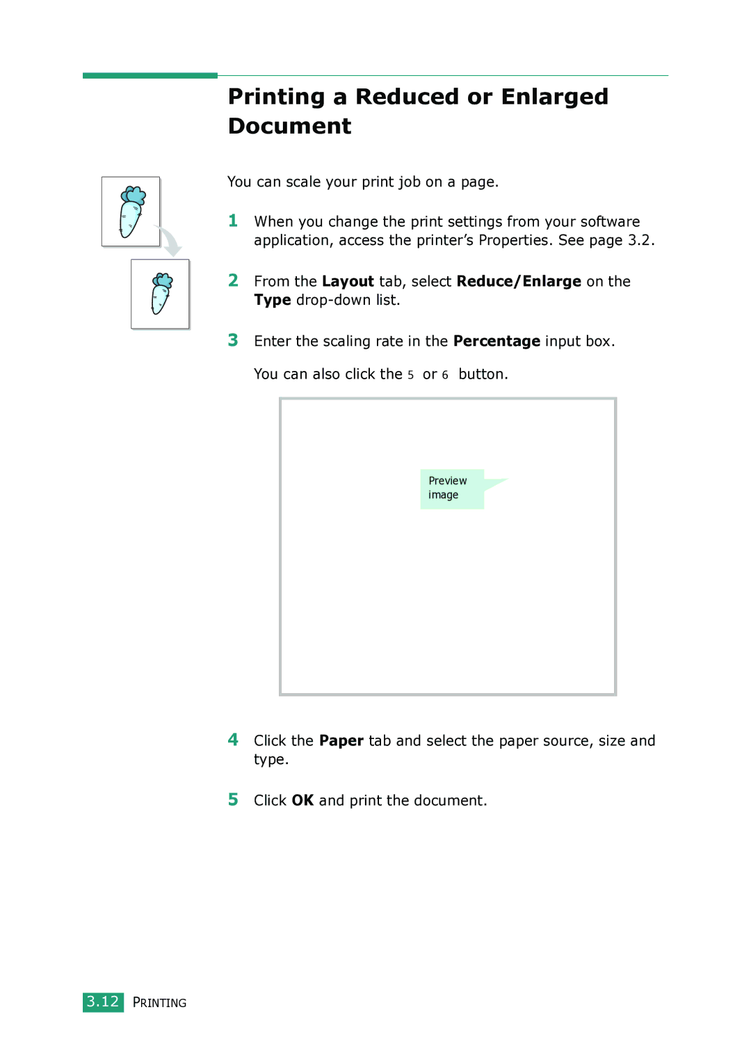 Samsung SCX-4100 manual Printing a Reduced or Enlarged Document, You can scale your print job on a 