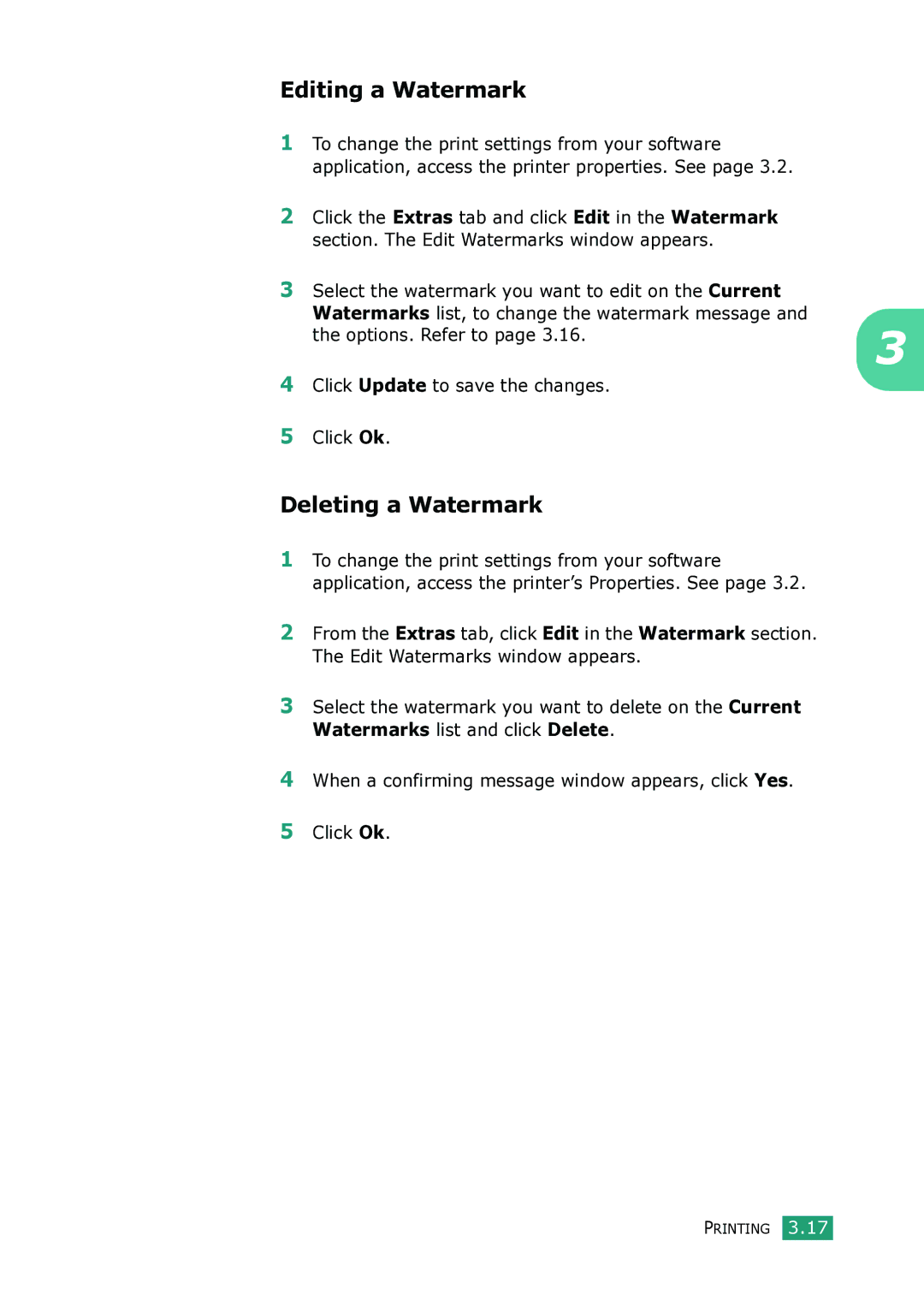 Samsung SCX-4100 manual Editing a Watermark, Deleting a Watermark 