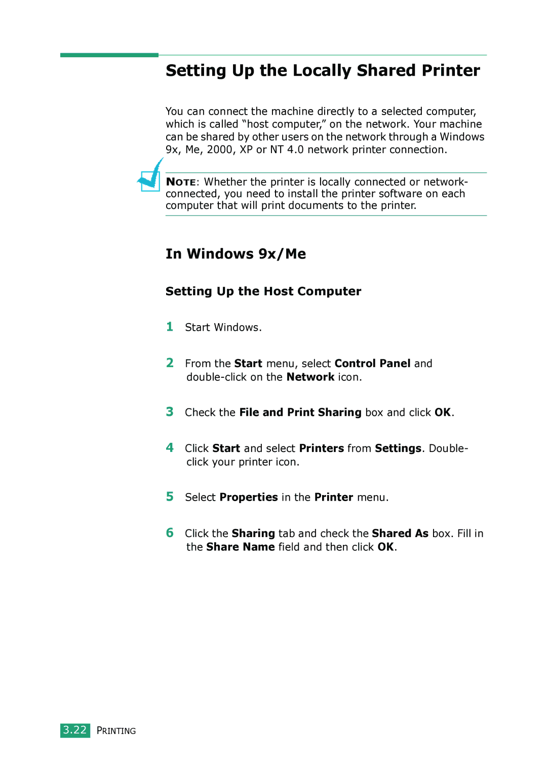 Samsung SCX-4100 manual Setting Up the Locally Shared Printer, Windows 9x/Me, Setting Up the Host Computer 