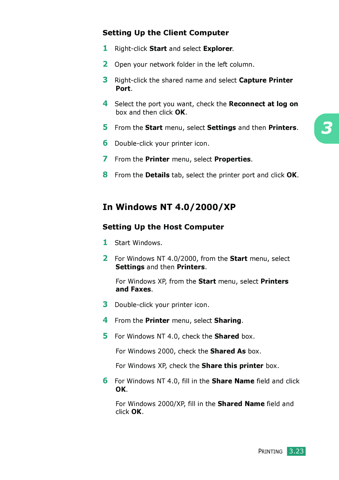 Samsung SCX-4100 manual Windows NT 4.0/2000/XP, Setting Up the Client Computer 