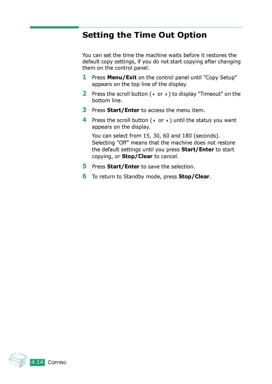 Samsung SCX-4100 manual Setting the Time Out Option 