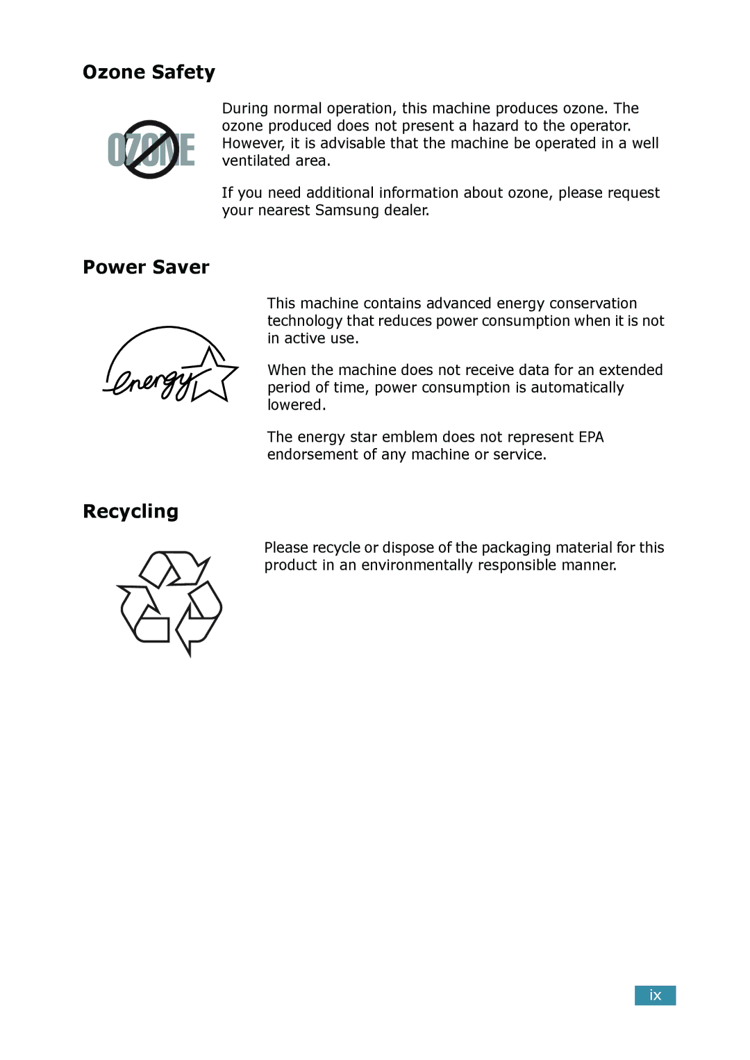 Samsung SCX-4116, SCX-4016 manual Ozone Safety, Power Saver, Recycling 