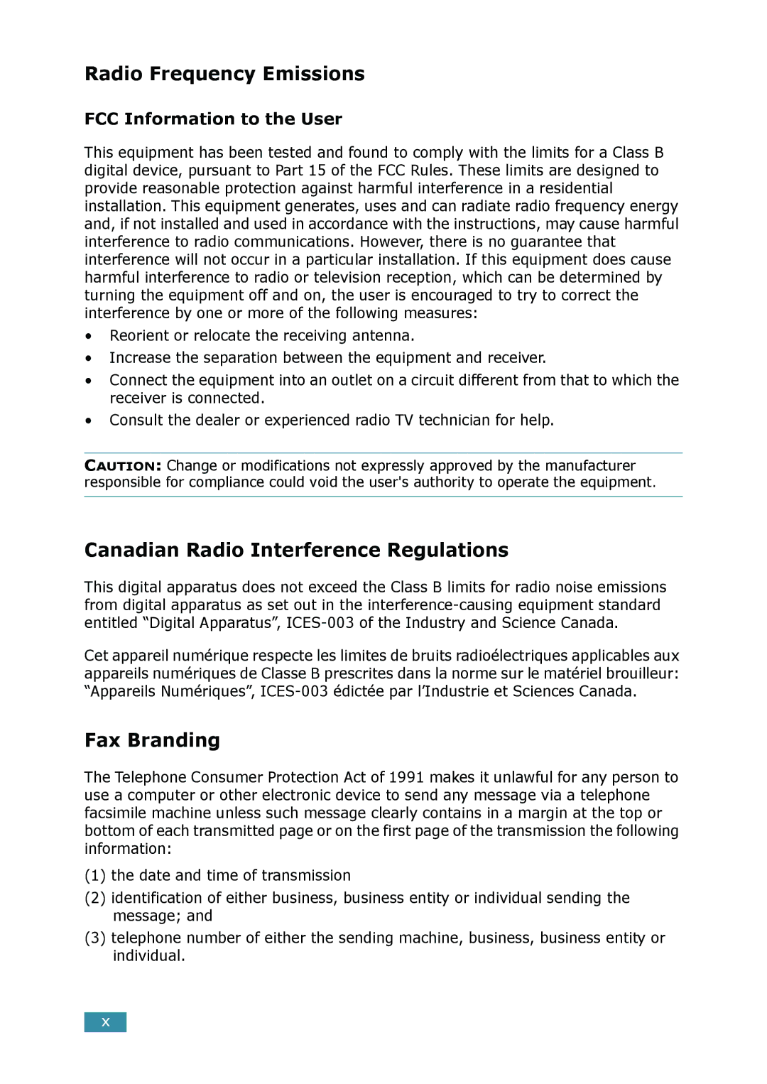 Samsung SCX-4016, SCX-4116 manual Radio Frequency Emissions, Canadian Radio Interference Regulations, Fax Branding 