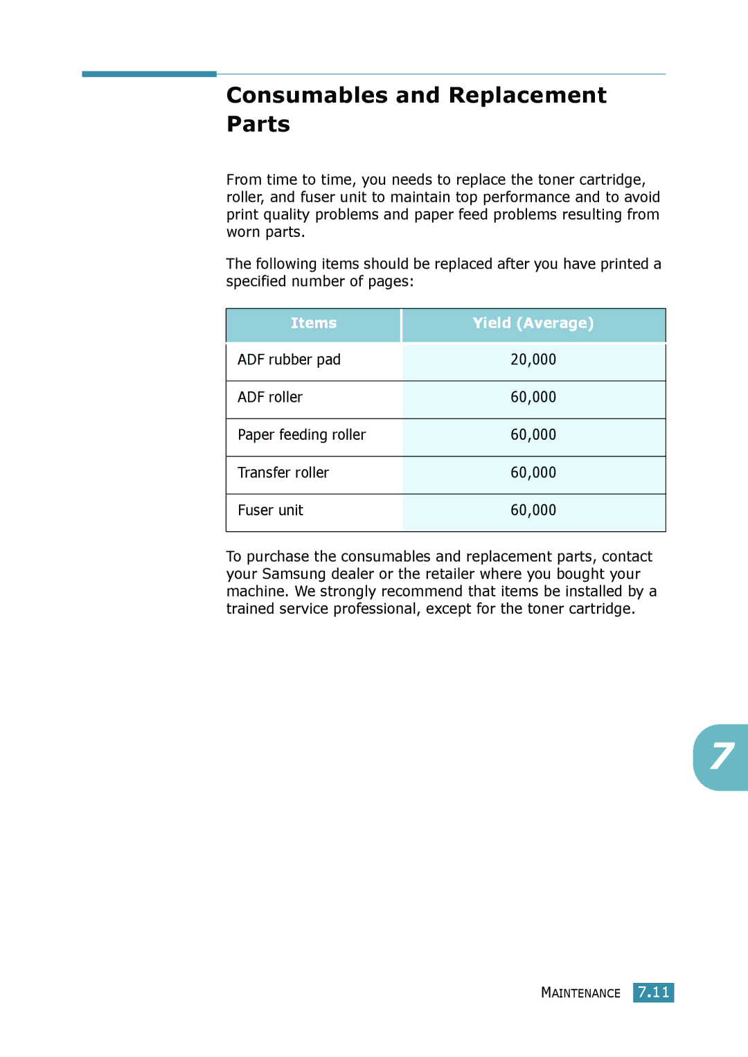 Samsung SCX-4116, SCX-4016 manual Consumables and Replacement Parts, Items Yield Average 