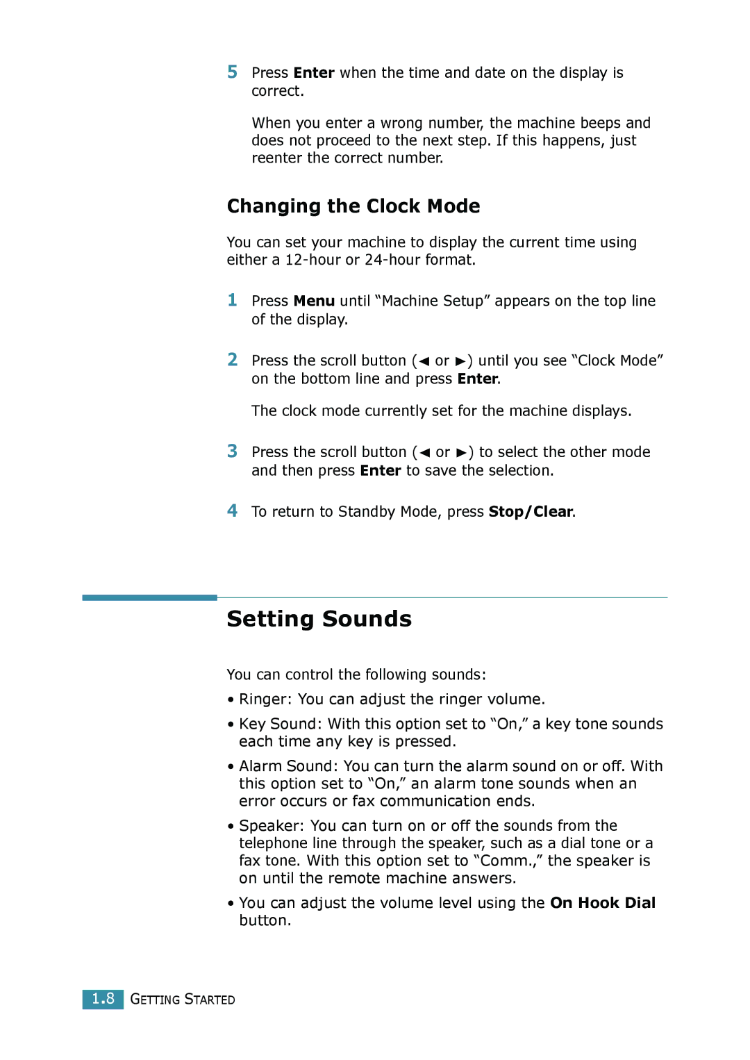 Samsung SCX-4116, SCX-4016 manual Setting Sounds, Changing the Clock Mode 