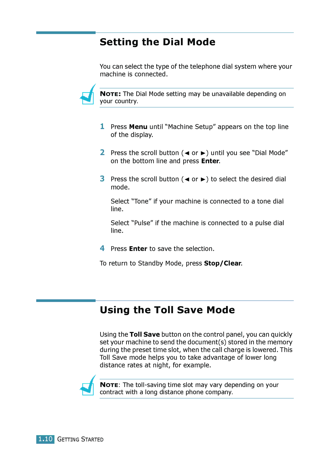 Samsung SCX-4116, SCX-4016 manual Setting the Dial Mode, Using the Toll Save Mode 