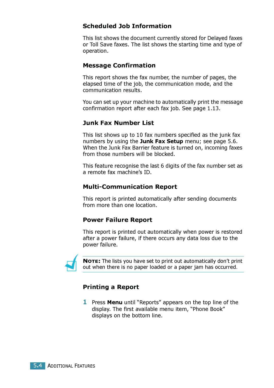 Samsung SCX-4116 manual Scheduled Job Information, Message Confirmation, Junk Fax Number List, Multi-Communication Report 