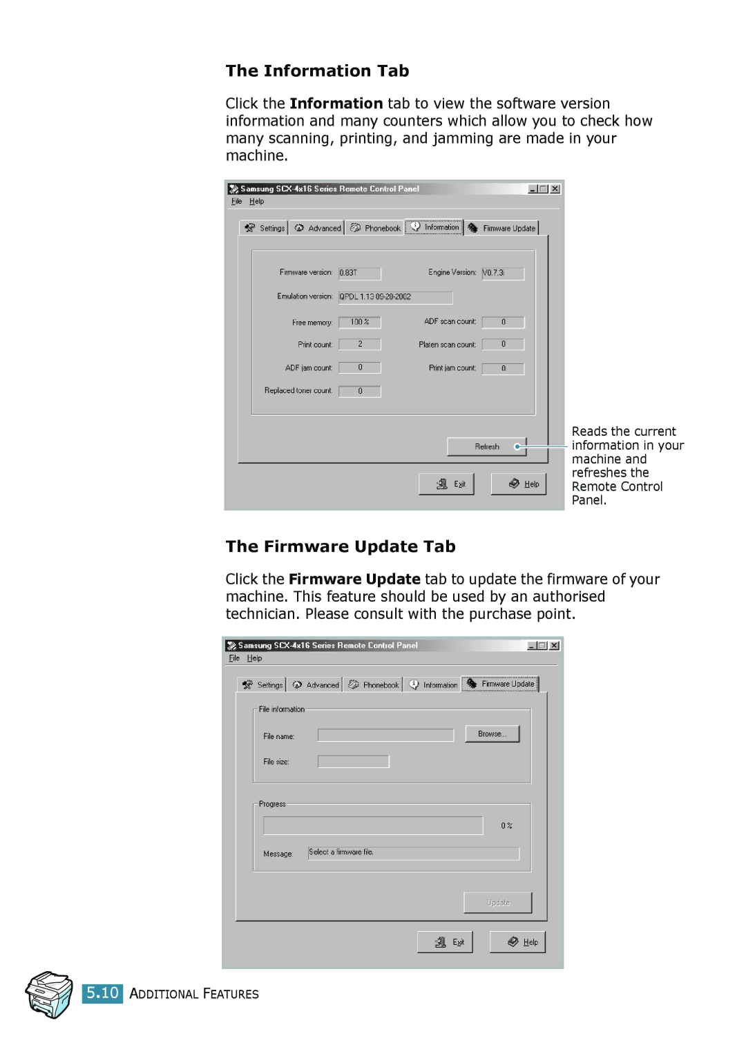 Samsung SCX-4116, SCX-4016 manual Information Tab, Firmware Update Tab 