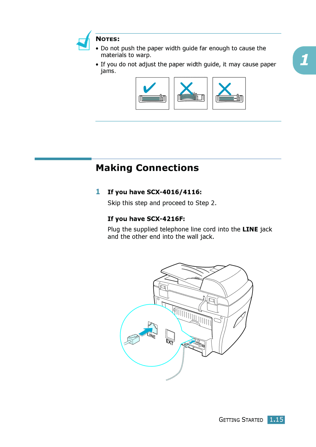 Samsung SCX-4116, SCX-4016 manual Making Connections, Jams 