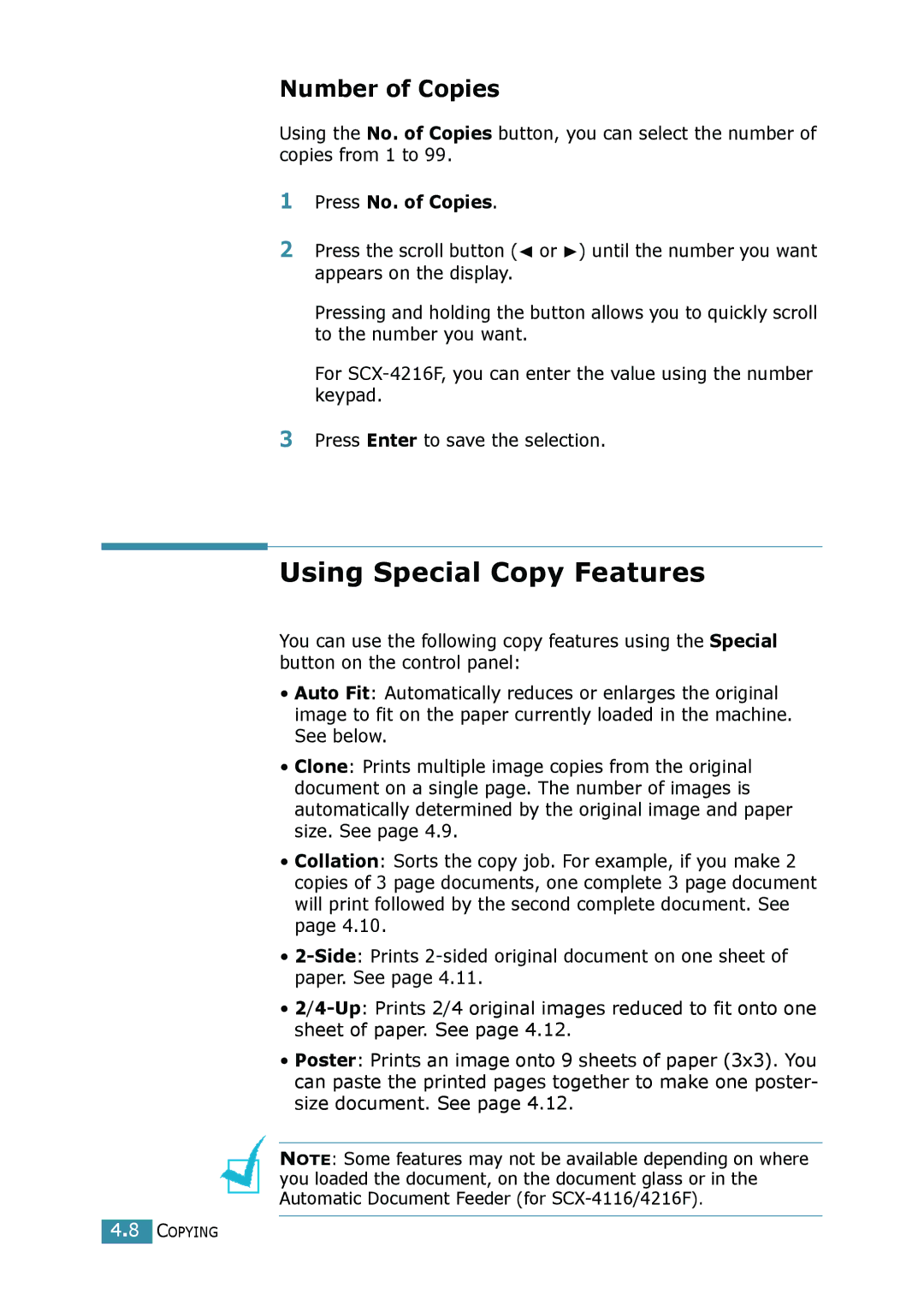 Samsung SCX-4016, SCX-4116 manual Using Special Copy Features, Number of Copies, Press No. of Copies 