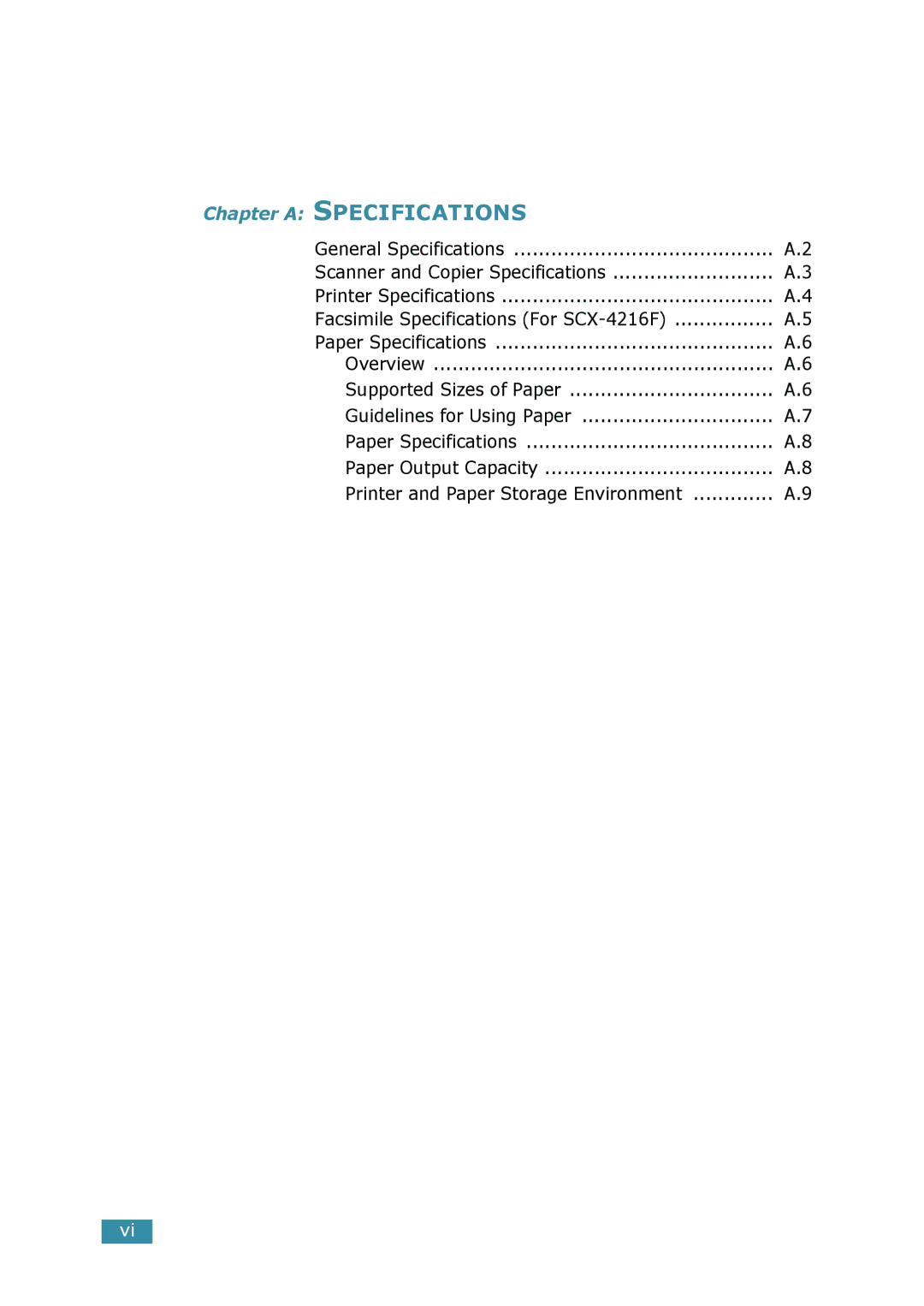 Samsung SCX-4016, SCX-4116 manual Chapter a Specifications 