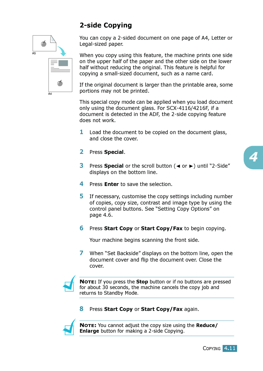 Samsung SCX-4116, SCX-4016 manual Side Copying, Press Start Copy or Start Copy/Fax again 
