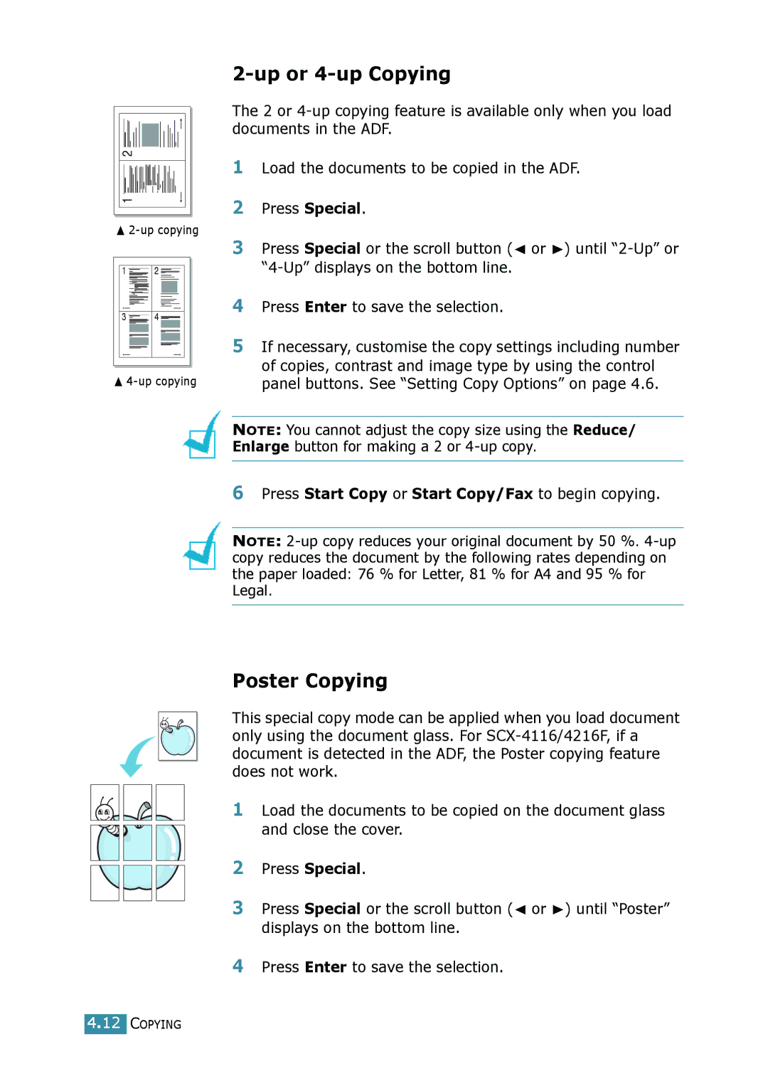 Samsung SCX-4016, SCX-4116 manual Up or 4-up Copying, Poster Copying 