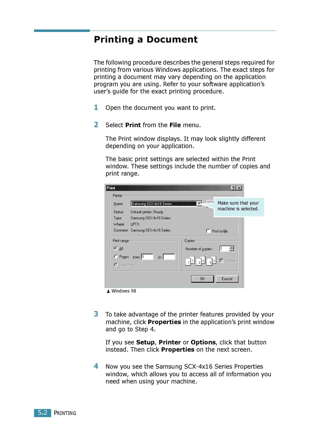 Samsung SCX-4016, SCX-4116 manual Printing a Document 