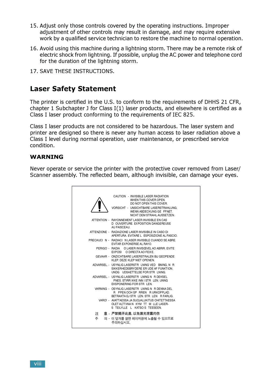 Samsung SCX-4016, SCX-4116 manual Laser Safety Statement 