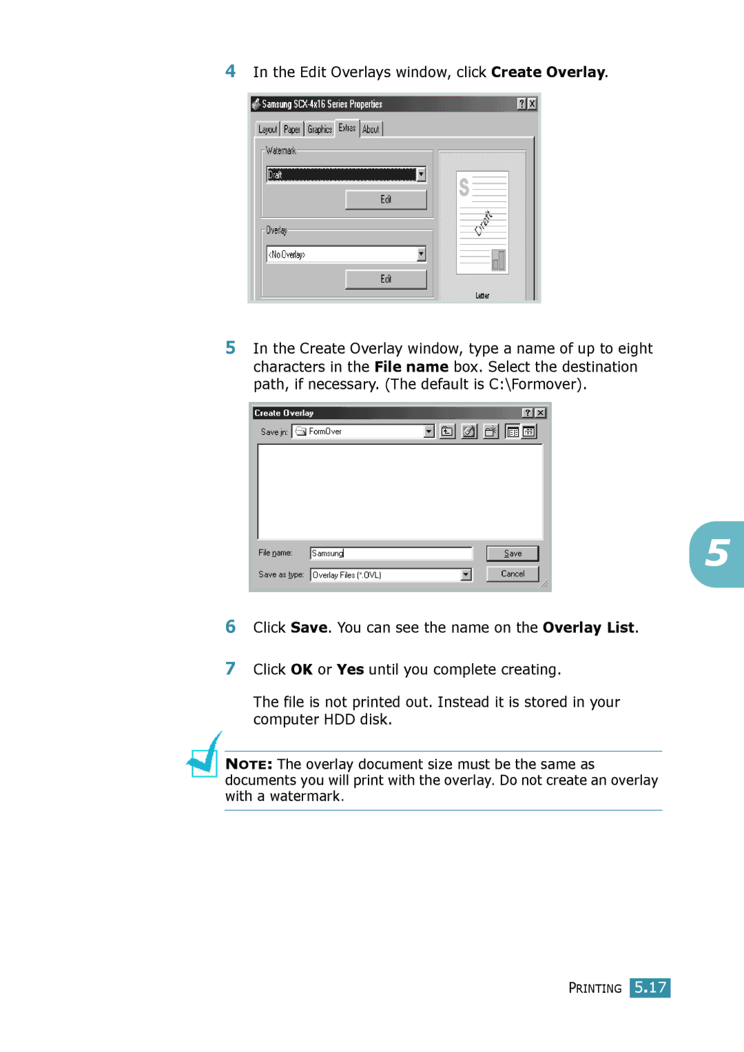 Samsung SCX-4116, SCX-4016 manual Edit Overlays window, click Create Overlay 