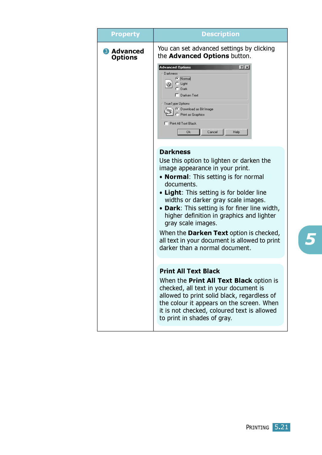 Samsung SCX-4116, SCX-4016 manual Advanced Options button, Darkness, Print All Text Black 